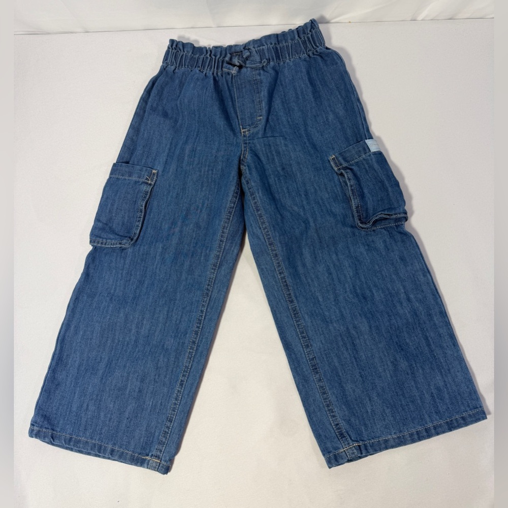Calvin Klein Girls 4T Denim Cargo Pants Elastic Waist Wide Leg Blue Jeans